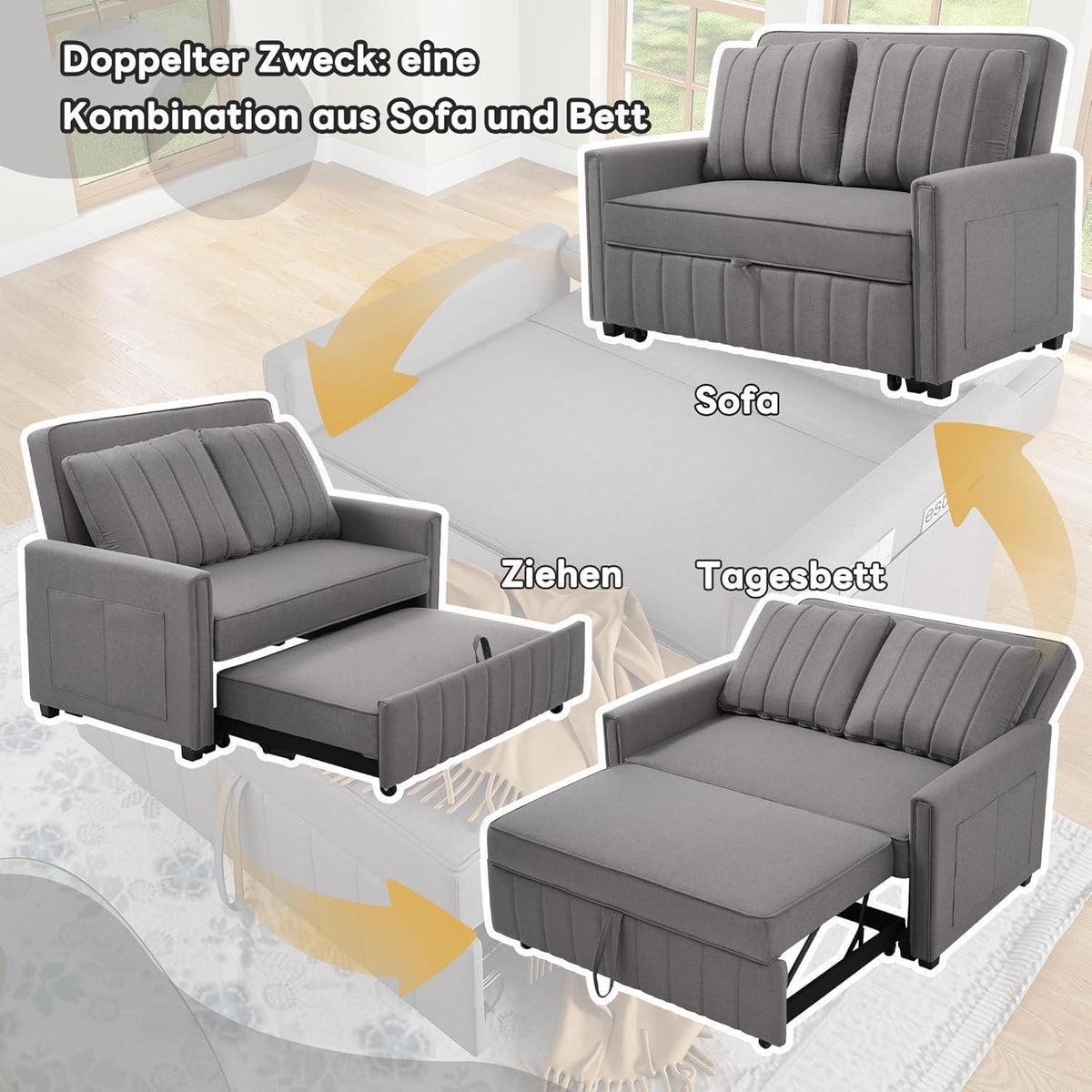 2-Sitzer Schlafsofa mit Bettkasten & verstellbarer Lehne (Antik Grau)