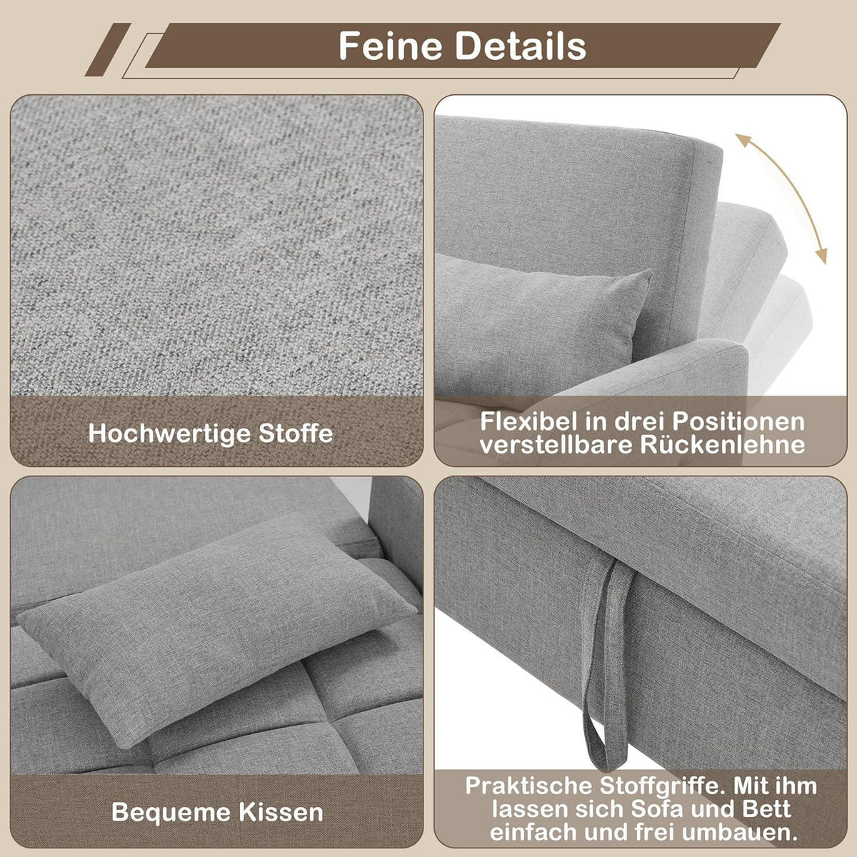 Schlafsofa 2-Sitzer mit Bettkasten & Verstelllehne (Antik Grau)