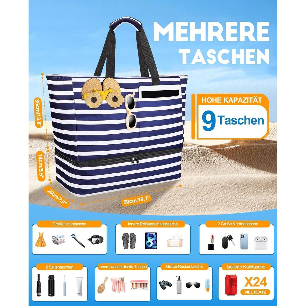 XXL Strandtasche Familie mit Kühltasche – Wasserdicht & 49L