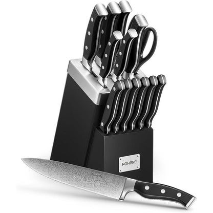 Messerblock Set mit 14 Messern & Schärfer, Edelstahl, Ergonomisch