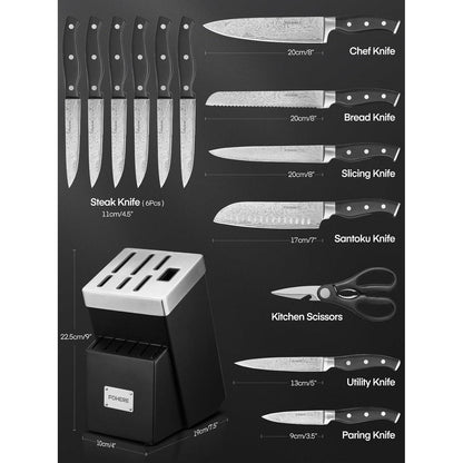 Messerblock Set mit 14 Messern & Schärfer, Edelstahl, Ergonomisch