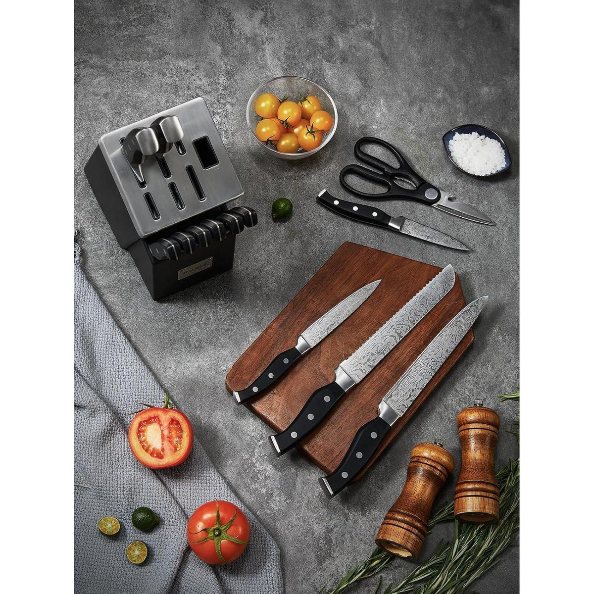 Messerblock Set mit 14 Messern & Schärfer, Edelstahl, Ergonomisch