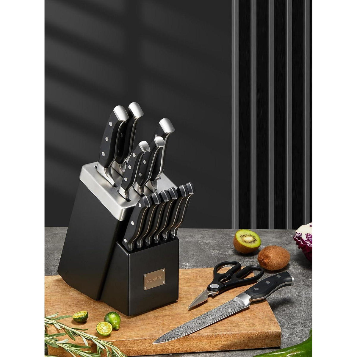 Messerblock Set mit 14 Messern & Schärfer, Edelstahl, Ergonomisch