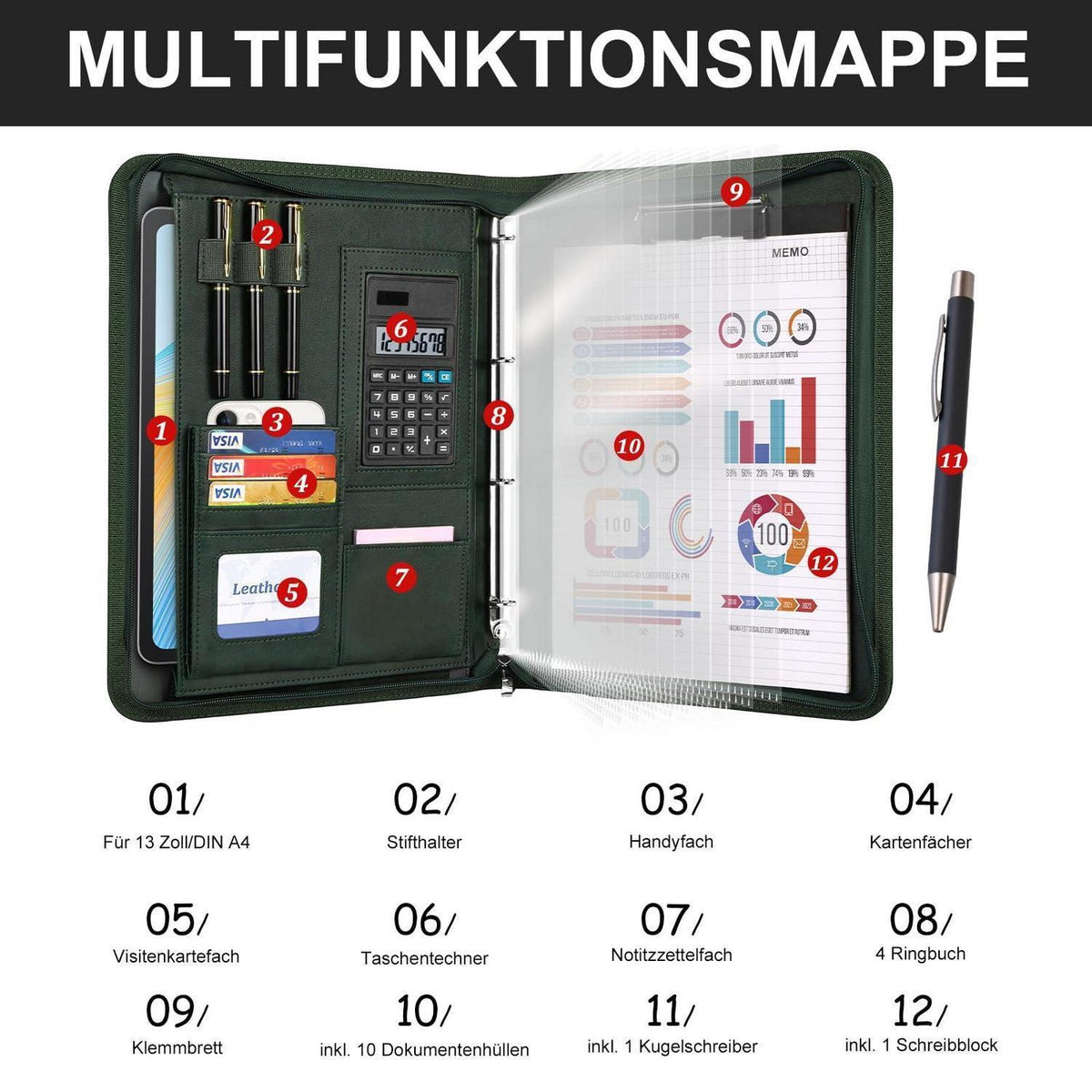 Schreibmappe A4 mit Klarsichthüllen & Zubehör