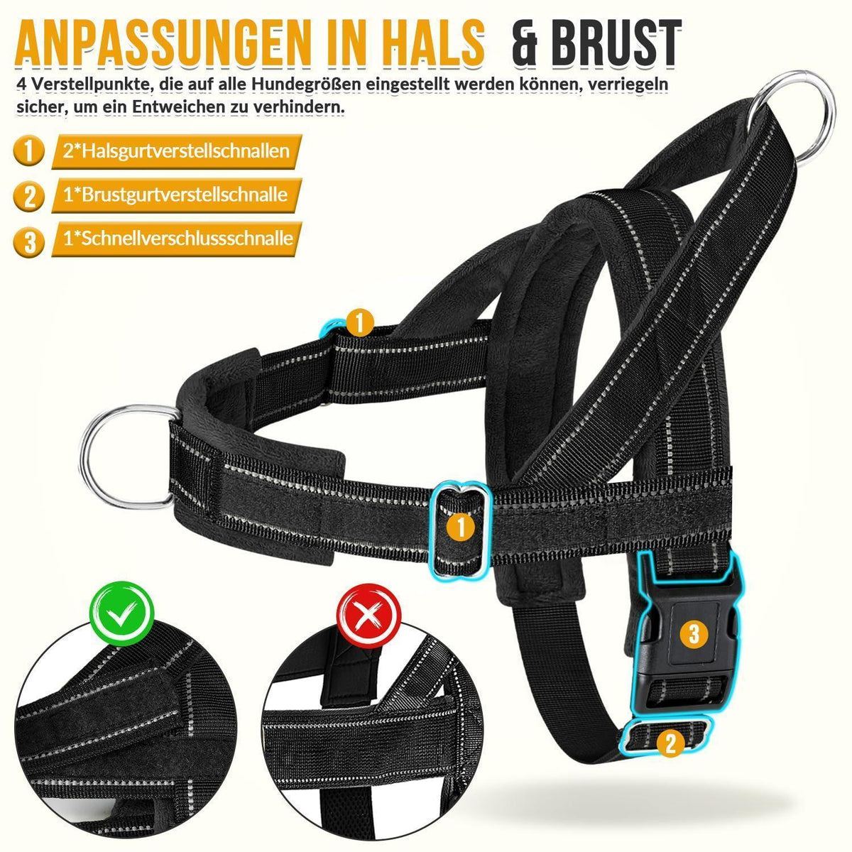 Hundegeschirr Fleece Schwarz L – 360° Drehung & Reflektierend