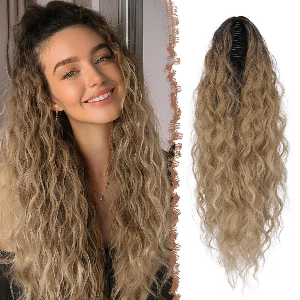 Wellig lockiger Pferdeschwanz mit Klammer, 65cm Ombre Blond Braun