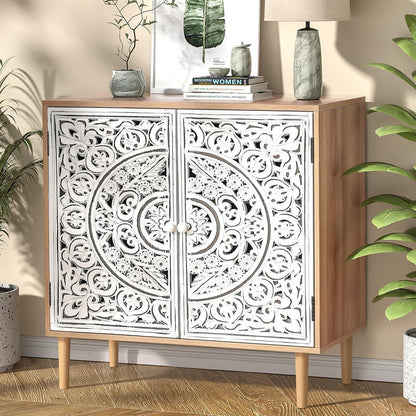 Geschnitztes Sideboard Holz – Aufbewahrungsschrank für Wohnzimmer & Küche