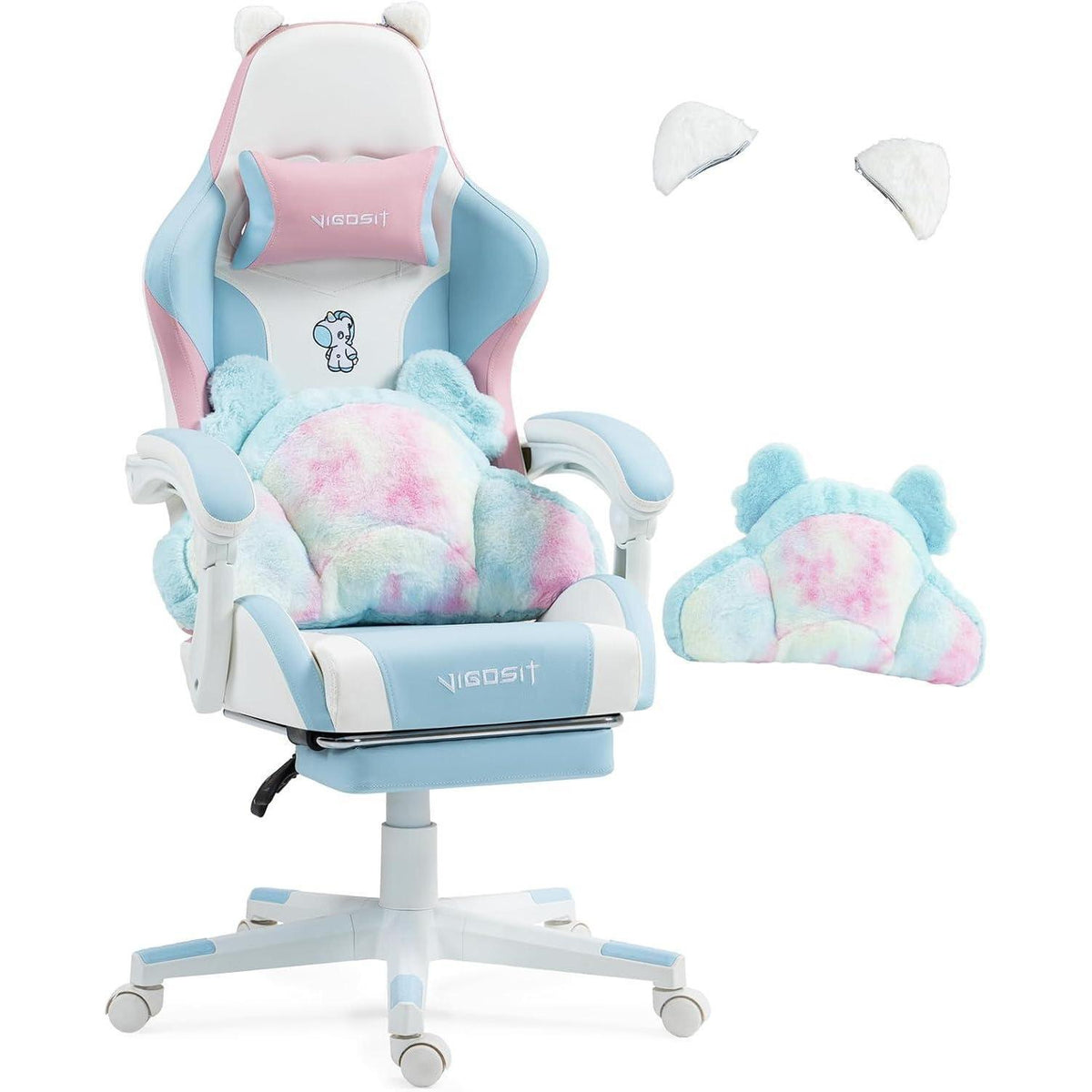 Gaming Stuhl Niedlich mit Ohren & Kawaii Kissen, BlauPink