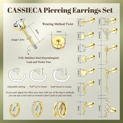 Helix Piercing Set für Damen | 15pcs Gold & Silber Ohrringe