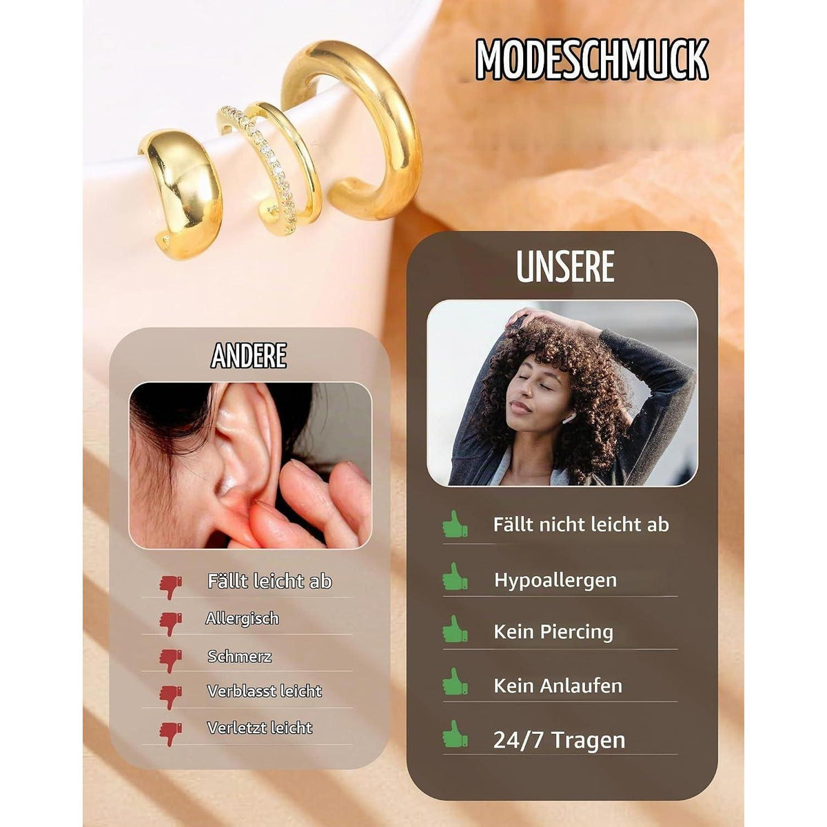 Ohrclips Damen 3er Set Ohne Ohrlöcher Gold Silber