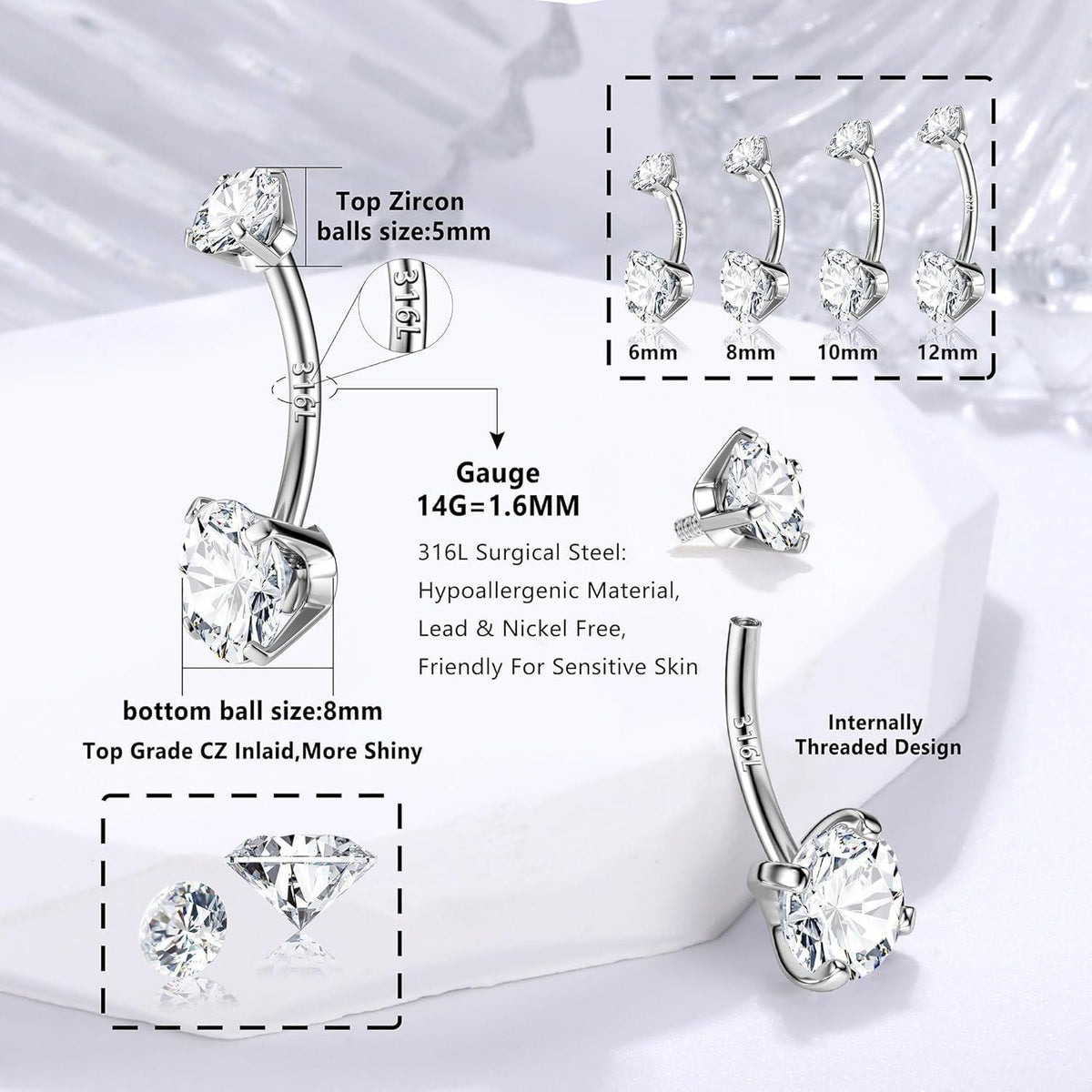 14G 925 Silber Bauchnabelpiercing Gold Titan Zirkonia