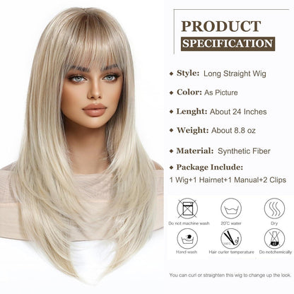 Lange Gerade Blonde Perücke mit Fransen & Ombre Farbverlauf