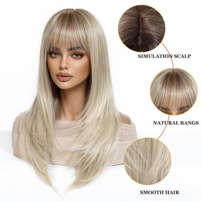 Lange Gerade Blonde Perücke mit Fransen & Ombre Farbverlauf
