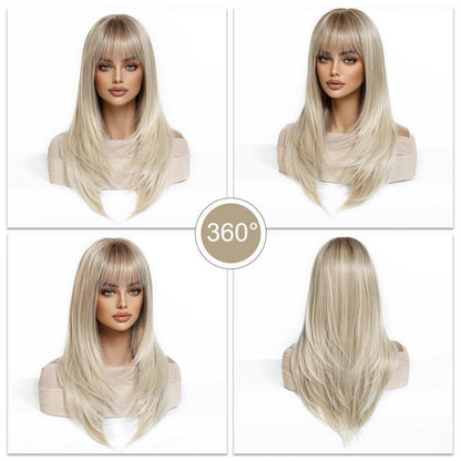Lange Gerade Blonde Perücke mit Fransen & Ombre Farbverlauf