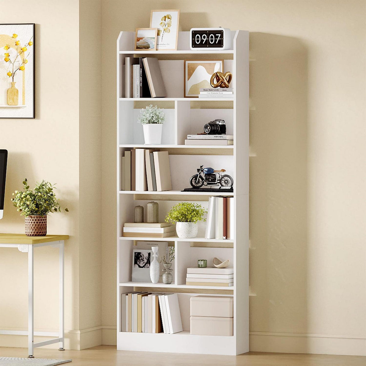 Weißes Bücherregal mit 7 Fächern – Standregal für Wohnzimmer & Büro