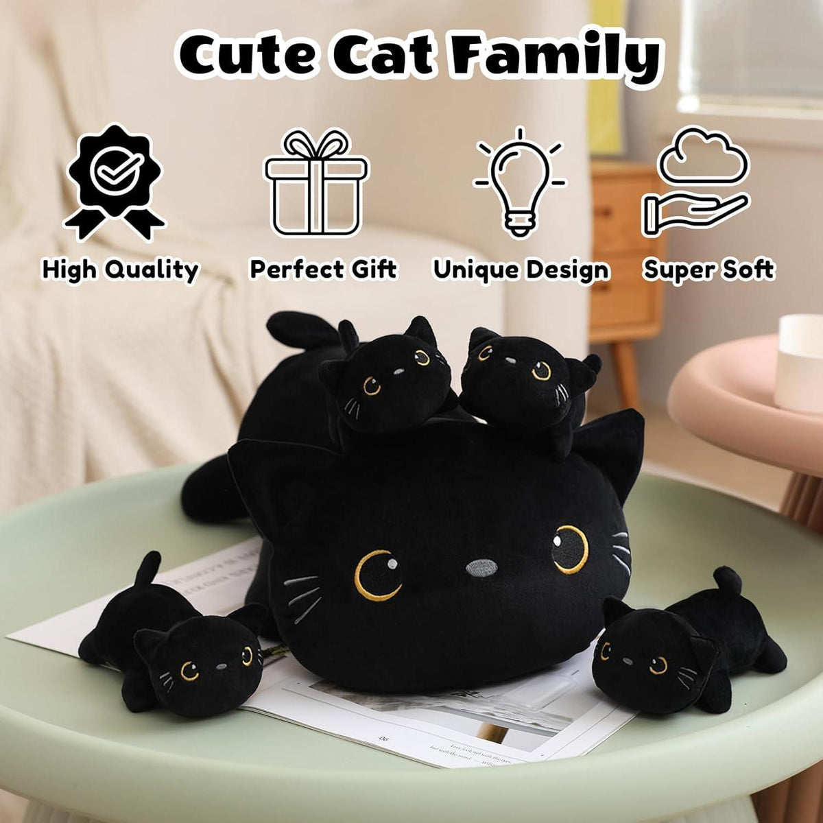 Plüschkissen Schwarze Katze mit 4 Kitten – Kuscheltier Geschenk