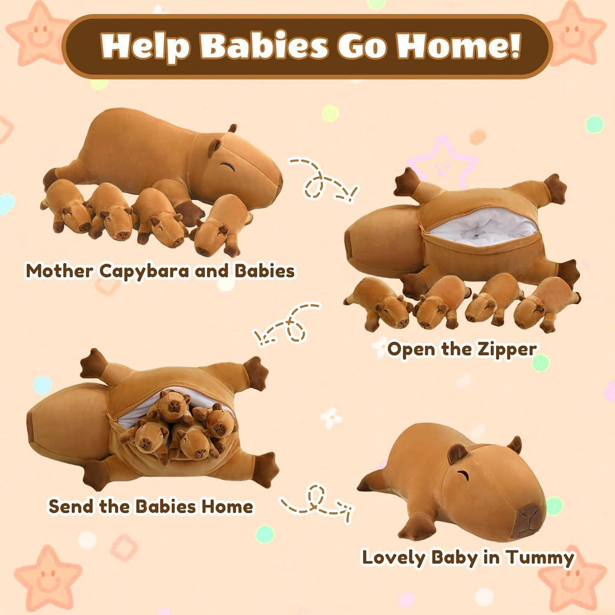 Capybara Plüschtier mit 4 Babys – Kuscheliges Plüschkissen Geschenk