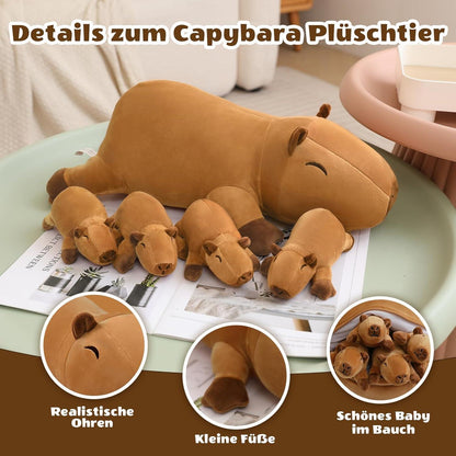 Capybara Plüschtier mit 4 Babys – Kuscheliges Plüschkissen Geschenk