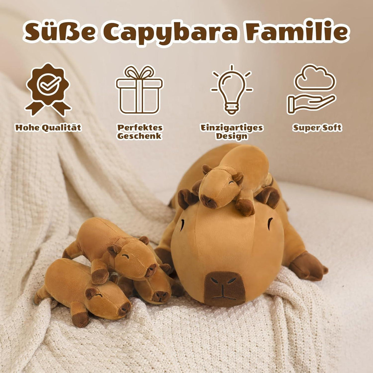 Capybara Plüschtier mit 4 Babys – Kuscheliges Plüschkissen Geschenk