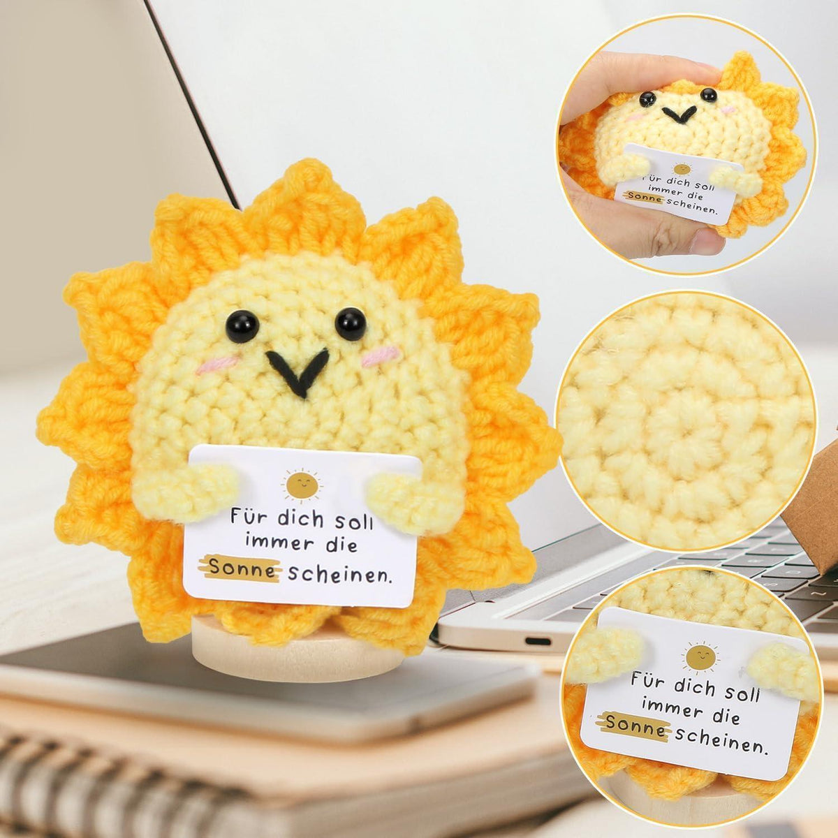 Sonnen-Strickpuppe mit Blume – Positives Geschenk & Deko