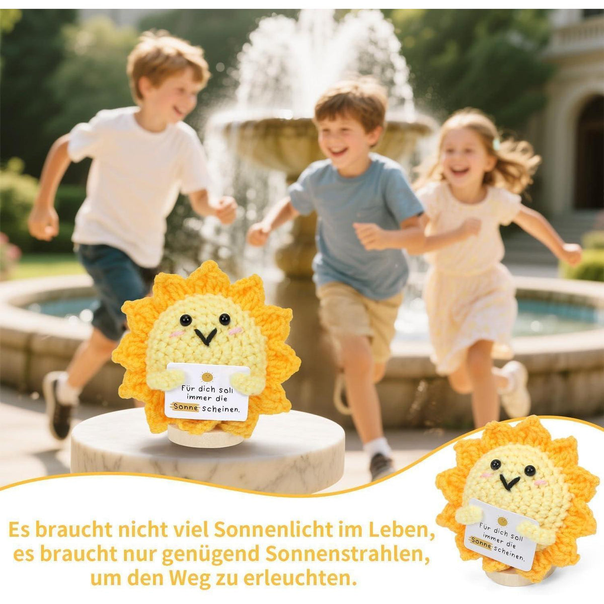 Sonnen-Strickpuppe mit Blume – Positives Geschenk & Deko