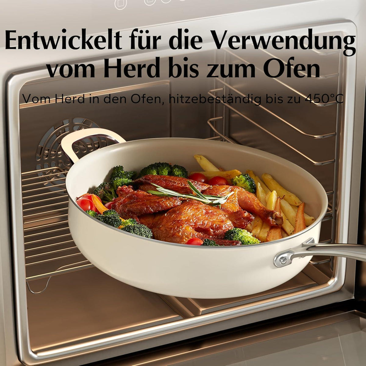 Bratpfanne 28cm mit Deckel, Keramik Antihaft, Induktion, Backofenfest, Beige