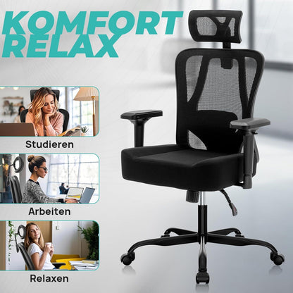 Ergonomischer Bürostuhl mit 2D-Sitzkissen, Lendenwirbelstütze, Kopfstütze - 200kg Schwarz