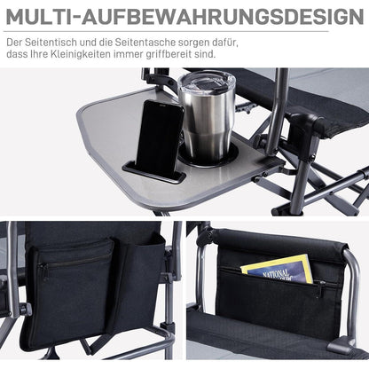 Campingstuhl faltbar mit Seitentisch & Tasche, 180kg belastbar, Schwarz (2 Stück)