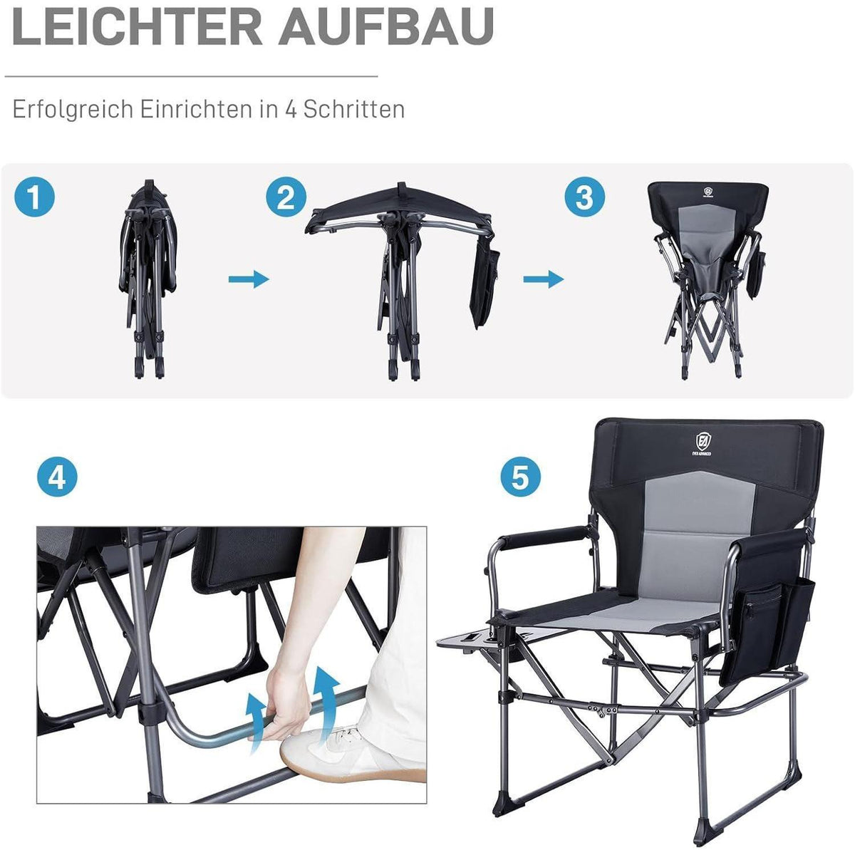 Campingstuhl faltbar mit Seitentisch & Tasche, 180kg belastbar, Schwarz (2 Stück)