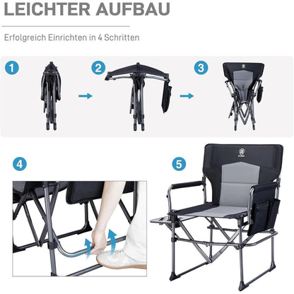 Campingstuhl faltbar mit Seitentisch & Tasche, 180kg belastbar, Schwarz (2 Stück)
