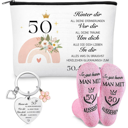 50. Geburtstag Geschenkset für Frauen: Kosmetiktasche, Socken & Schlüsselanhänger
