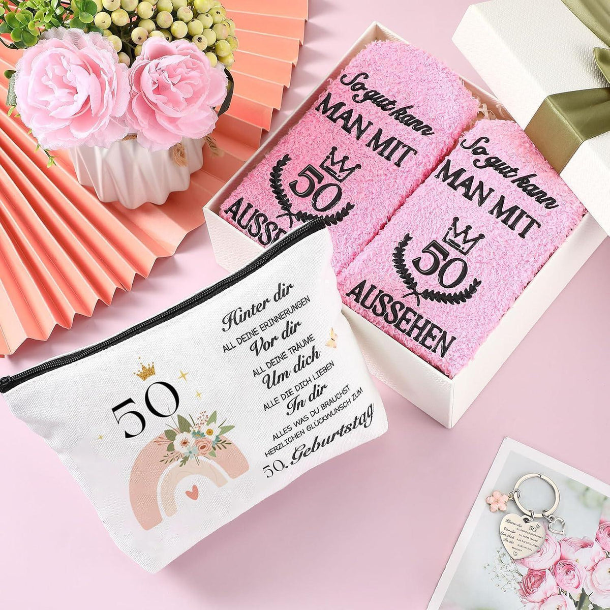 50. Geburtstag Geschenkset für Frauen: Kosmetiktasche, Socken & Schlüsselanhänger