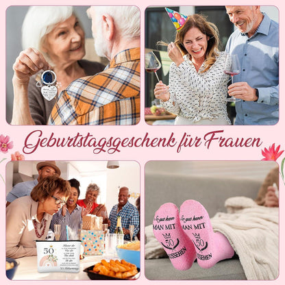 50. Geburtstag Geschenkset für Frauen: Kosmetiktasche, Socken & Schlüsselanhänger