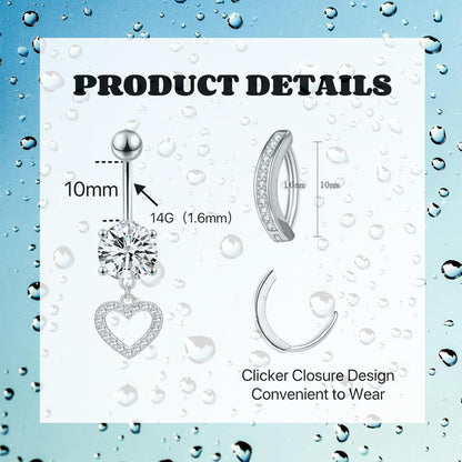 Bauchnabelpiercing Set Chirurgenstahl Frauen 14G Herz Schmetterling CZ Rosa