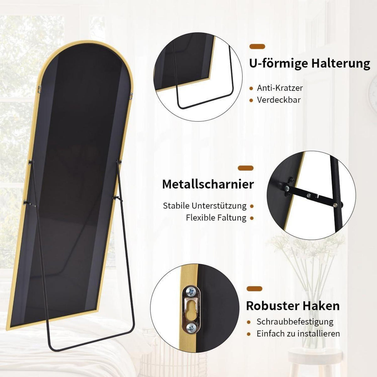 Ganzkörperspiegel Bogenförmig Gold – 198x89cm, Stand- & Wandspiegel
