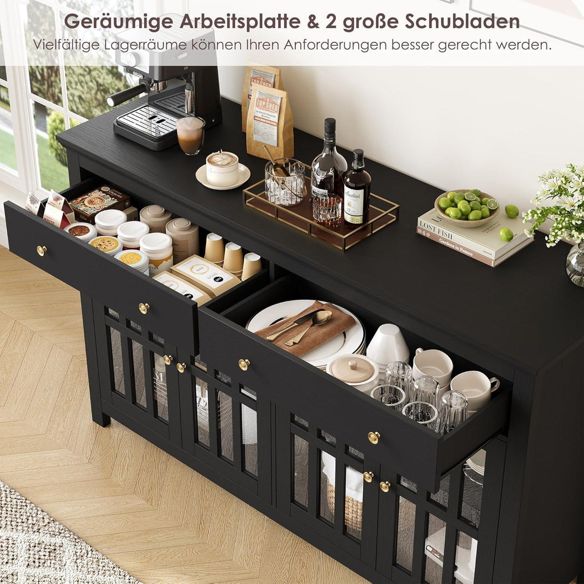 140cm Sideboard mit Glastüren & Schubladen – Küchenbuffet Schwarz