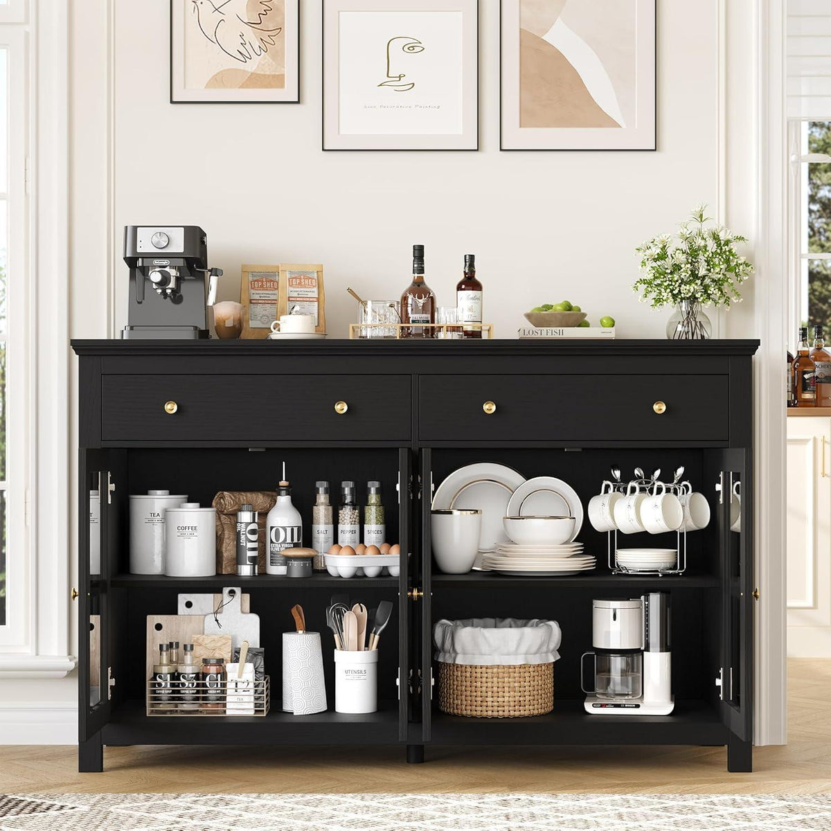 140cm Sideboard mit Glastüren & Schubladen – Küchenbuffet Schwarz
