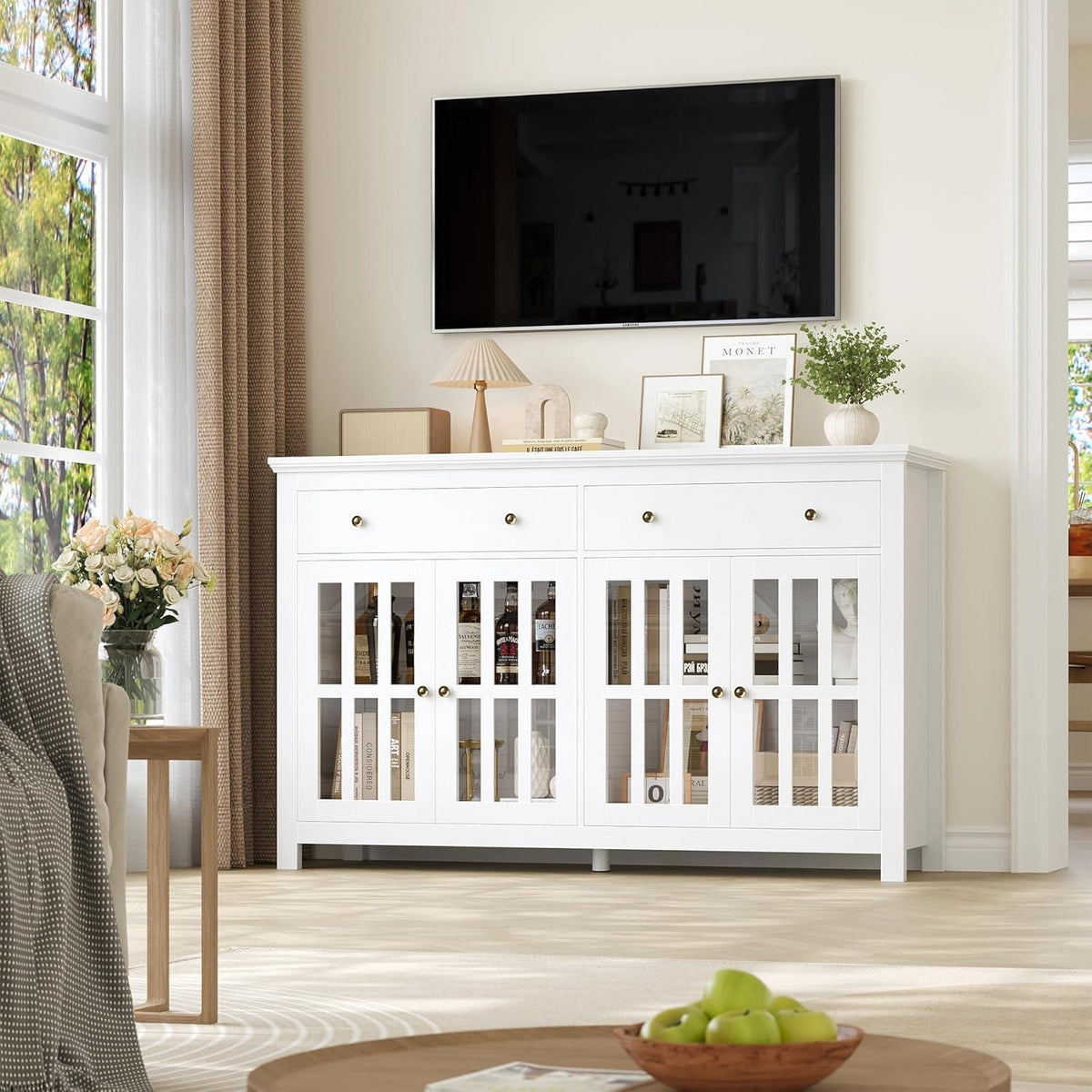 140cm Sideboard mit Glastüren & Schubladen – Küchenbuffet Weiß