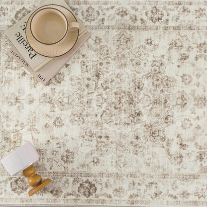 Runder Vintage Teppich Beige 120cm – Waschbar & Rutschfest
