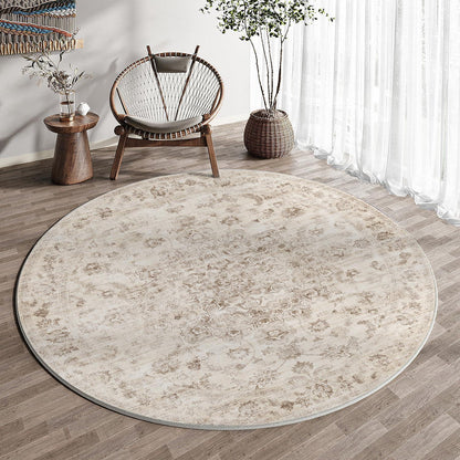 Runder Vintage Teppich Beige 120cm – Waschbar & Rutschfest