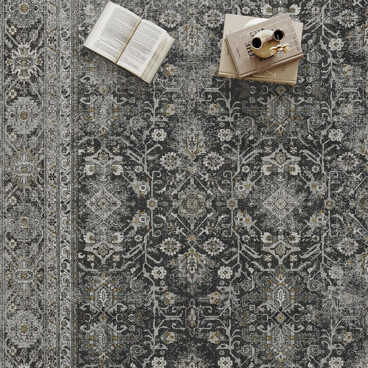 Vintage Teppich Schwarz 240x300cm – Waschbarer Wohnzimmerteppich
