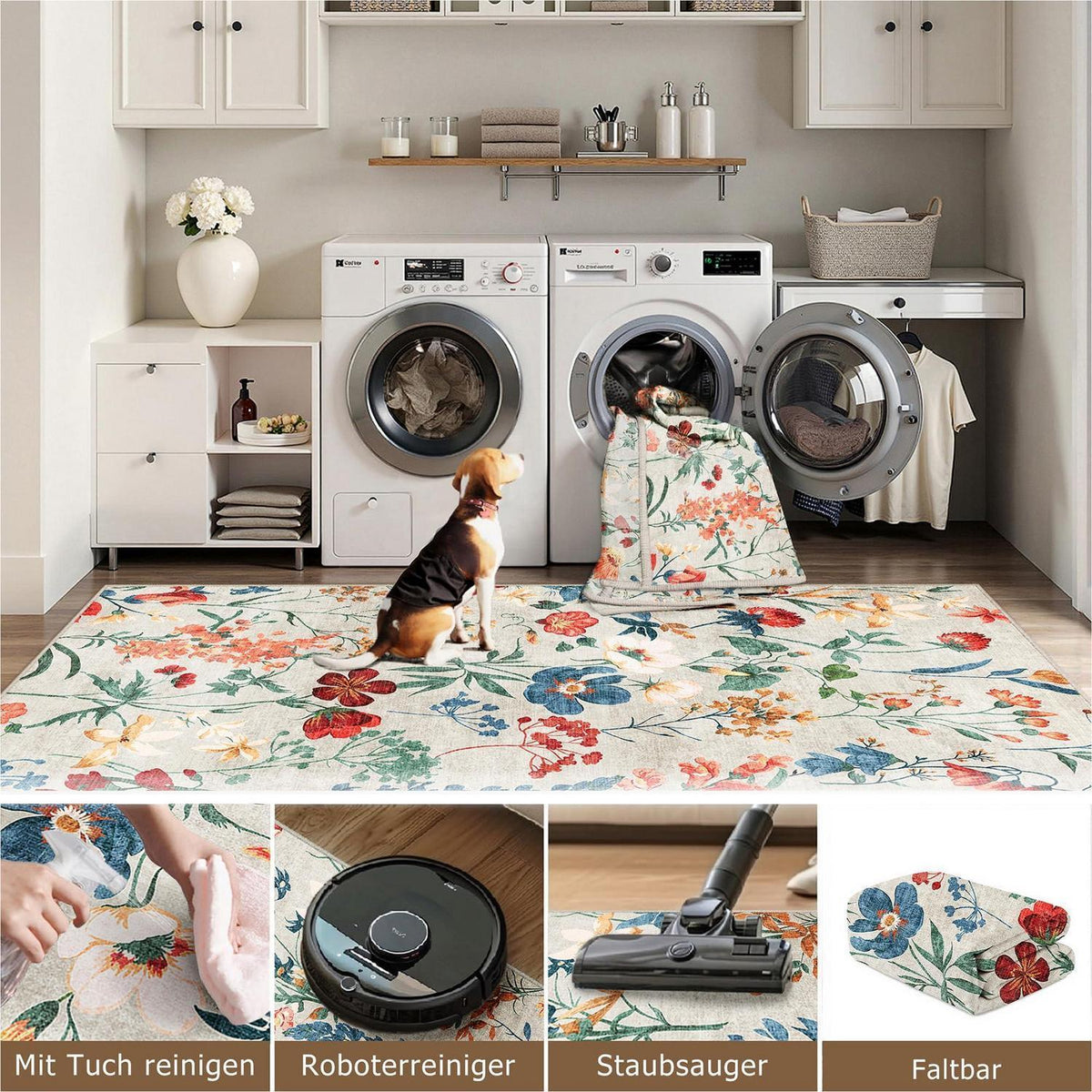 Wohnzimmerteppich 240x300cm Beige – Waschbarer Rechteck Teppich