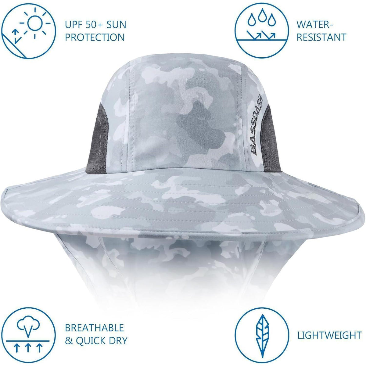 Sonnenhut UPF 50+ Angelhut wasserabweisend, breite Krempe & Nackenschutz