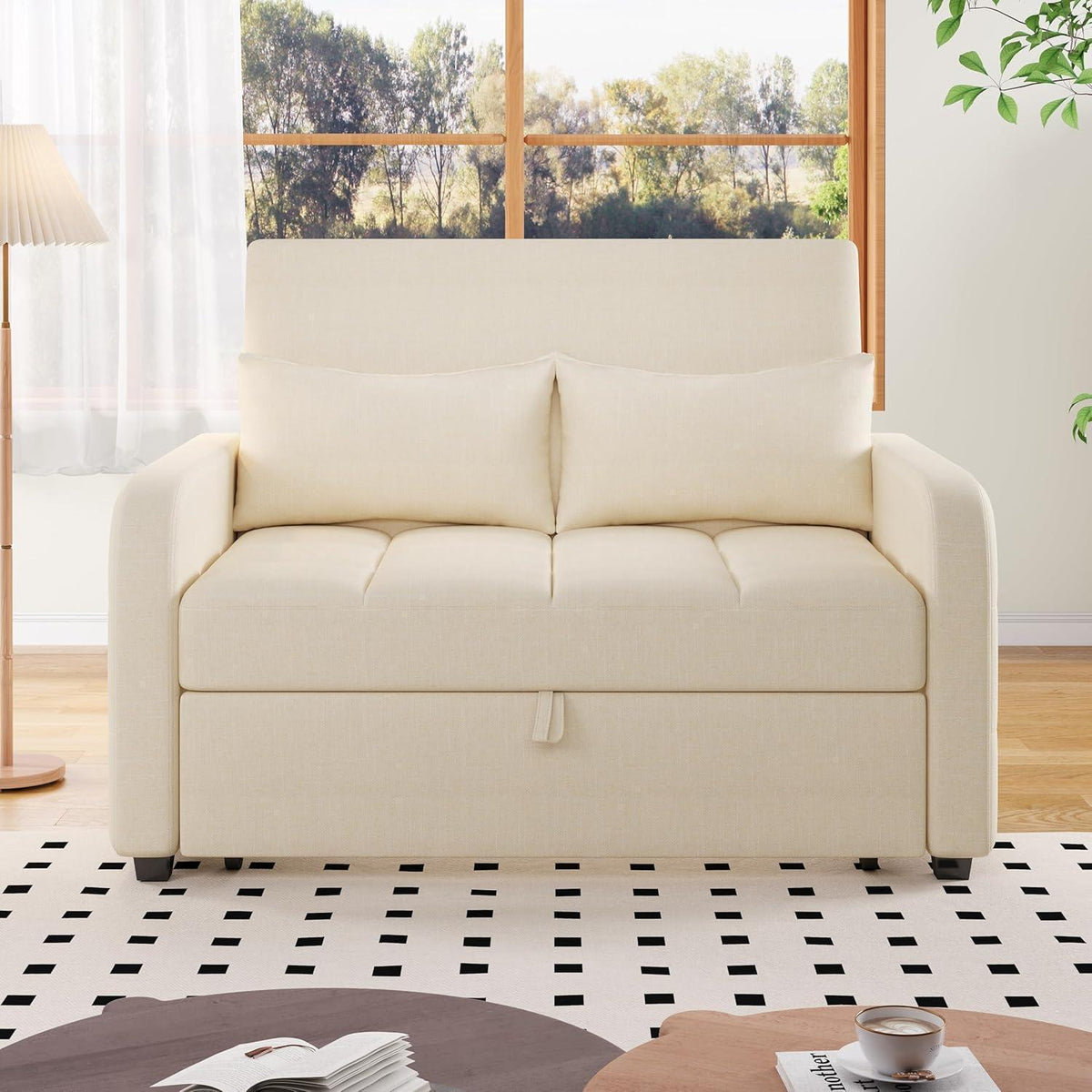 Zweisitzer Sofa mit Schlaffunktion – Beige Linienstoff