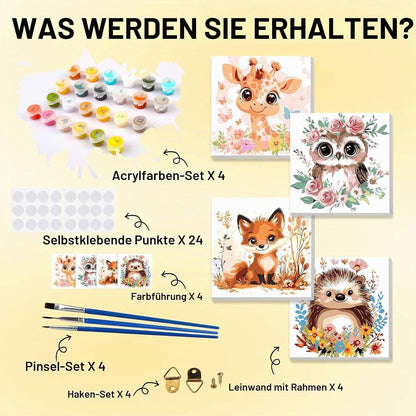 Malen nach Zahlen Tiere – 4er Set mit Rahmen für Kinder