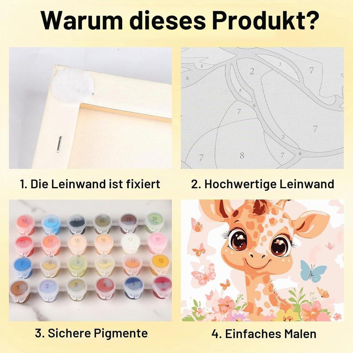 Malen nach Zahlen Tiere – 4er Set mit Rahmen für Kinder