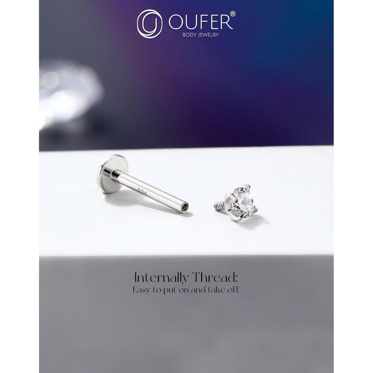 Helix Piercing 925 Silber 16G 6mm mit Zirkonia Innengewinde