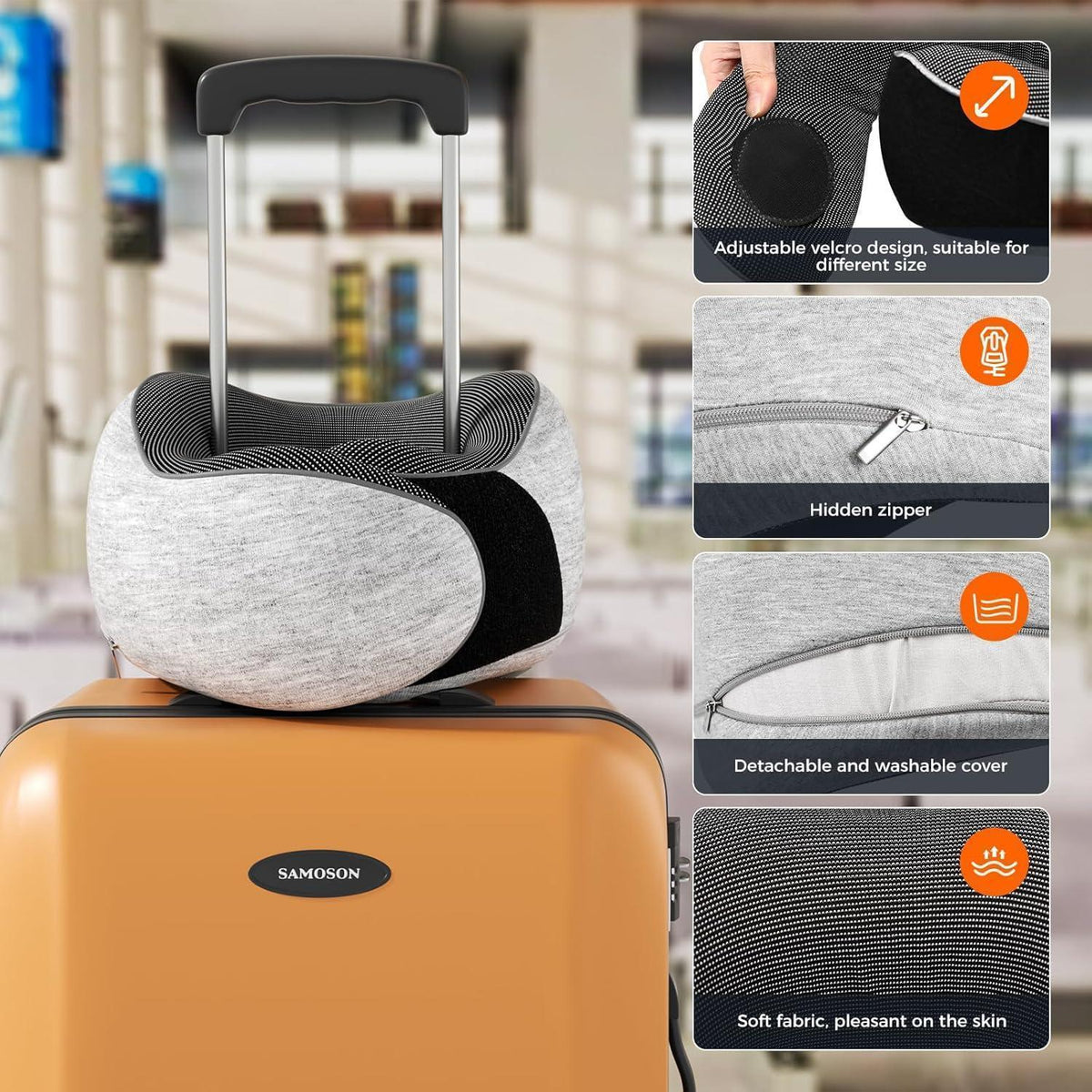 Reisekissen Memory Foam – Verstellbar, Grau mit Zubehör