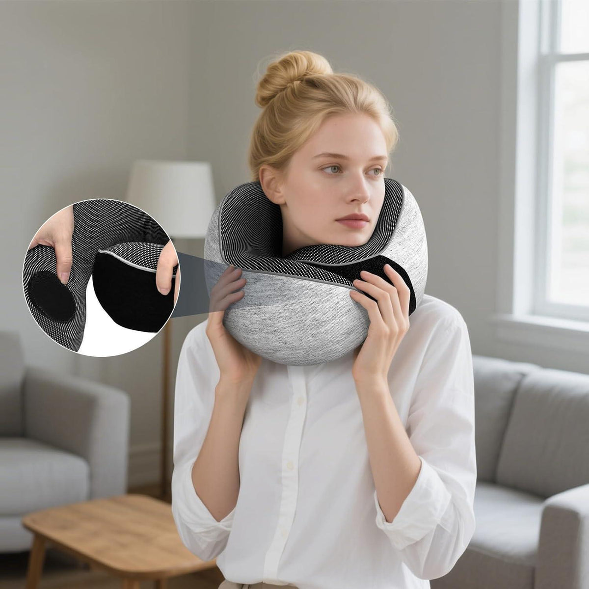 Reisekissen Memory Foam – Verstellbar, Grau mit Zubehör