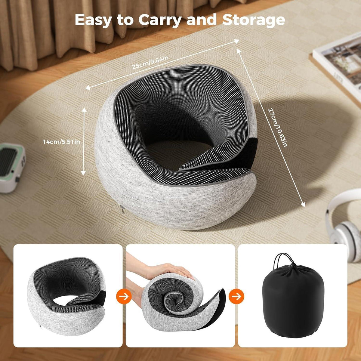 Reisekissen Memory Foam – Verstellbar, Grau mit Zubehör